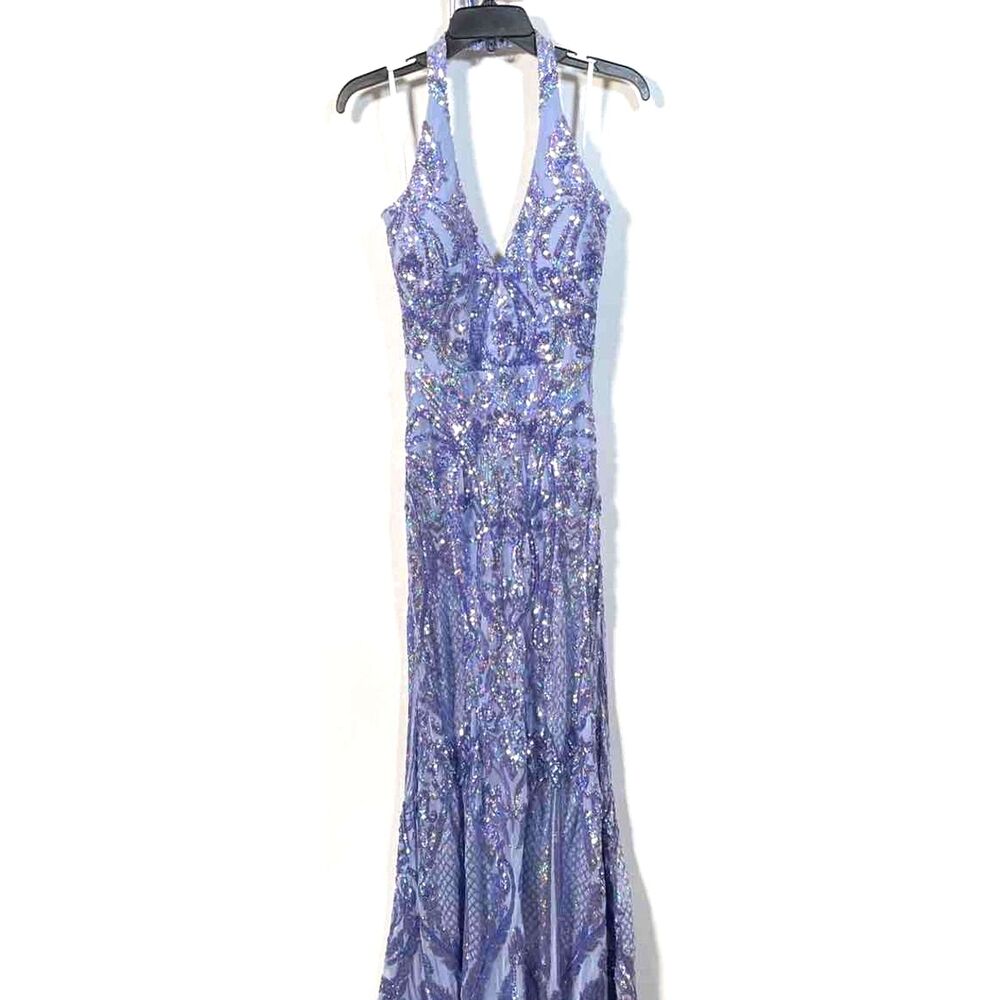 B. Darlin Sequin Embelleshed Halter Evening Gown Purple Gala-Prom-Ball Size 5/6